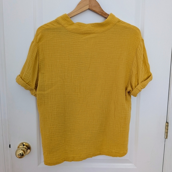 Magaschoni Mustard Yellow V-Neck Top – Rolled Sleeve Blouse, Women’s Medium #108 - Picture 2 of 3